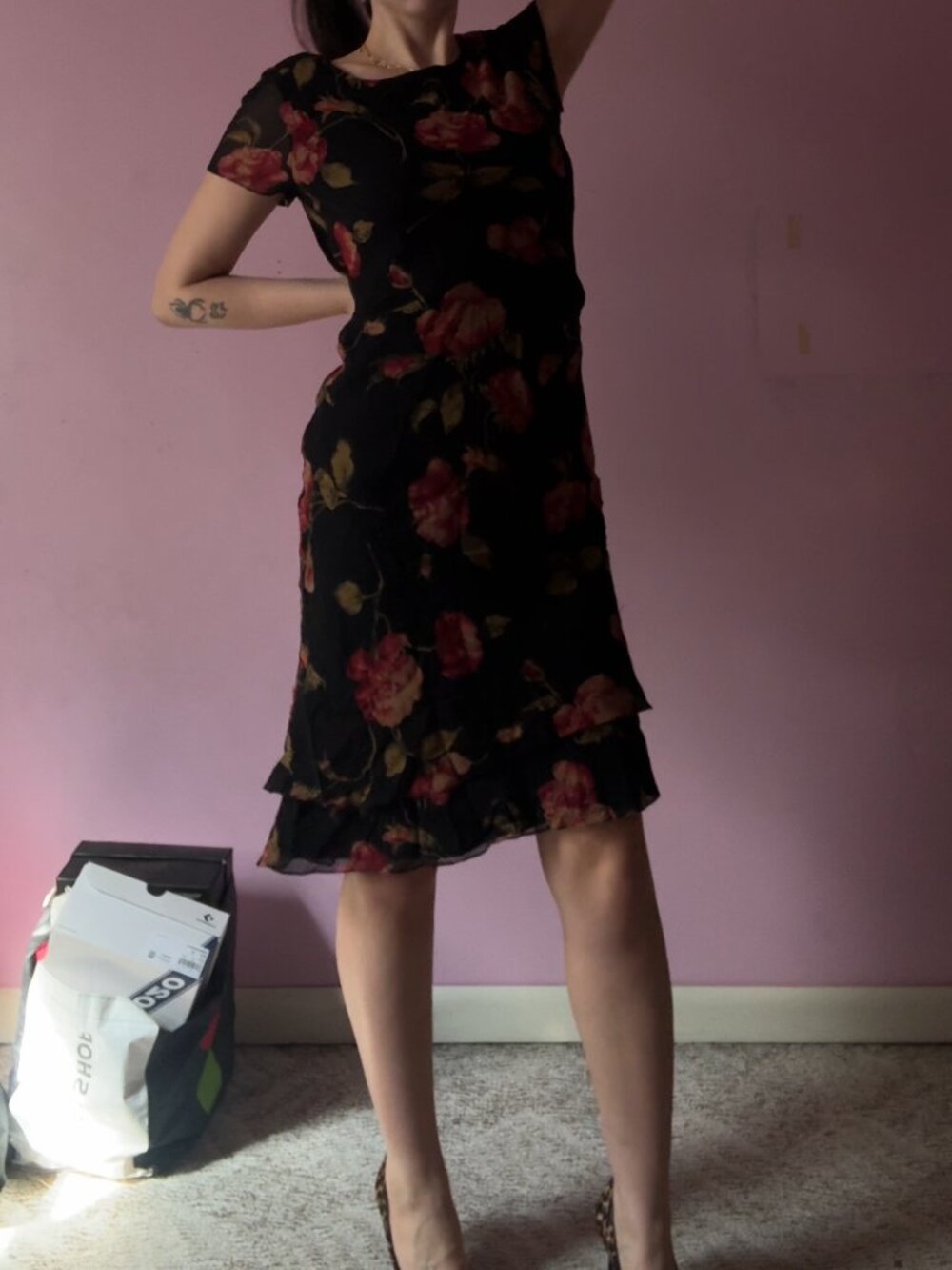 VTG 100% Silk Talbots Black Rose Floral Sheer Overlay Flutter Sleeve Dress